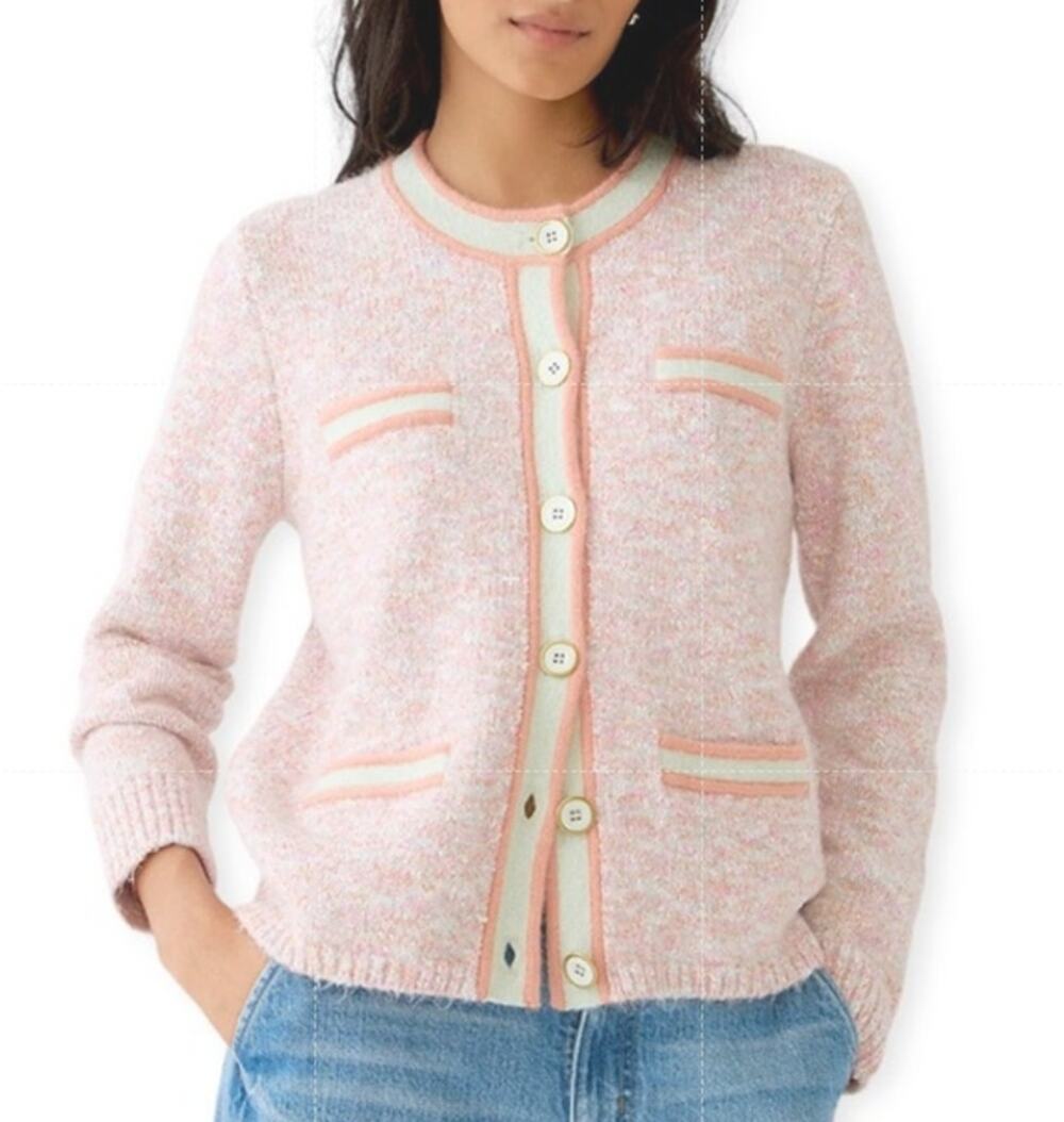 J. Crew Marled Lady Jacket Cardigan Merino Wool Blend Contrast Trim Sweater Pink